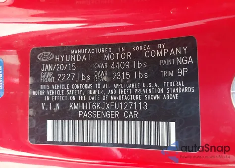 2015 Hyundai Genesis 3.8 Base z USA, uszkodzony, nr VIN KMHHT6KJXFU127113